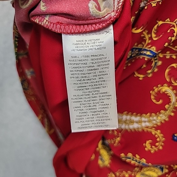 LAUREN RALPH LAUREN Paisley Pleated Surplice Faux Wrap Jersey Dress 6 Red Blue - Picture 11 of 12